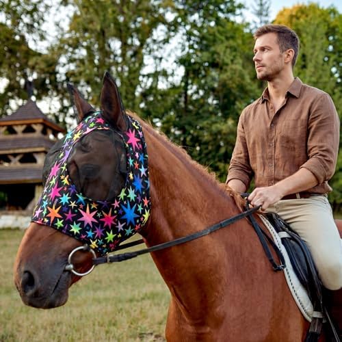Weewooday 2 Pieces Horse Fly Masks for Horses Soft Fly Masks for Ears Smooth and Elasticity Mask with UV Protection(Star,M)