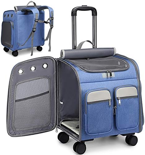 Wheeled Pet Carrier Backpack Pet Stroller, Travel Carrier, Car Seat for Small Dogs Cats Puppies, Comfort Cat Backpack Removable Rolling Wheels – Mesh Ventilation Windows (Large Blue)