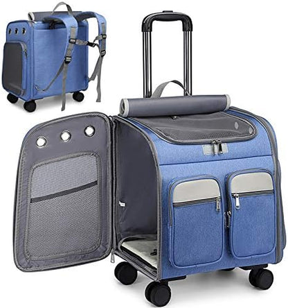 Wheeled Pet Carrier Backpack Pet Stroller, Travel Carrier, Car Seat for Small Dogs Cats Puppies, Comfort Cat Backpack Removable Rolling Wheels – Mesh Ventilation Windows (Large Blue)