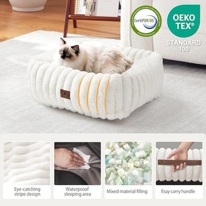 Cute Dog Bed for Small Dogs & Cats,Washable Fluffy Cat Beds for Indoor Cats, Rectangle Orthopedic Memory Foam Puppy Beds with Anti-Slip Bottom, 20 x19 x 6 Inches, Cream (20x19x6 inches)