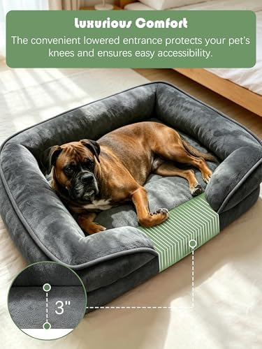 Spotted Play Orthopedic Dog Bed with Sides - Sofa Beds for Large Dogs, Supportive Foam Pet Couch Bed with Washable Removable Cover, Waterproof Lining and Non-Slip Bottom, Dark Grey - L-Plus