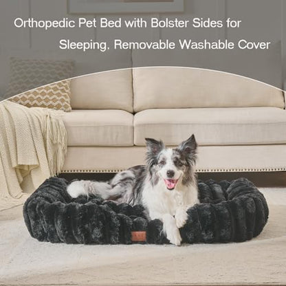 Luxury Dog Beds,Large Sized Dog Washable Furry Pet Beds,Comfort Rectangle Pet Sofa Couch with Ultra,Puppy Beds with Removable Zipper Cover,30x25x7.5inches,Black