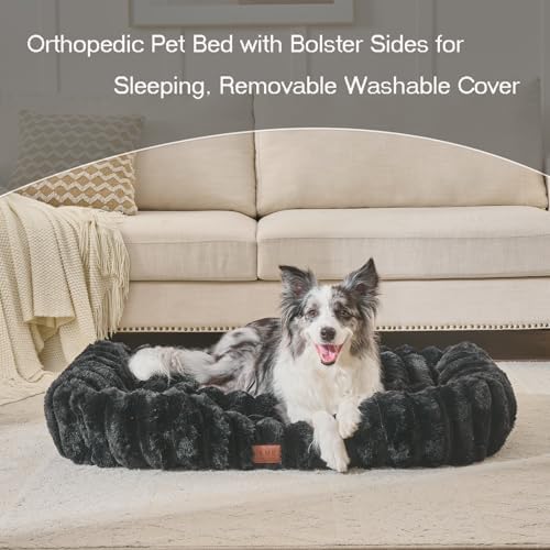 Luxury Dog Beds,Large Sized Dog Washable Furry Pet Beds,Comfort Rectangle Pet Sofa Couch with Ultra,Puppy Beds with Removable Zipper Cover,40x30x7.5inches,Black