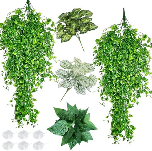 Hamiledyi Reptile Plants for Terrarium Hanging Fake Leaves with Suction Cup