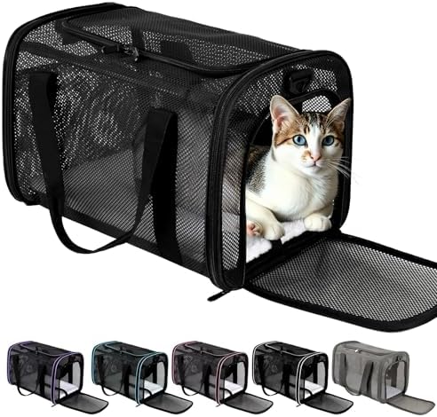 Cat Carrier, Soft-Sided Pet Carrier Bag, Breathable Mesh, Black (Black, 20 * 13 * 13)