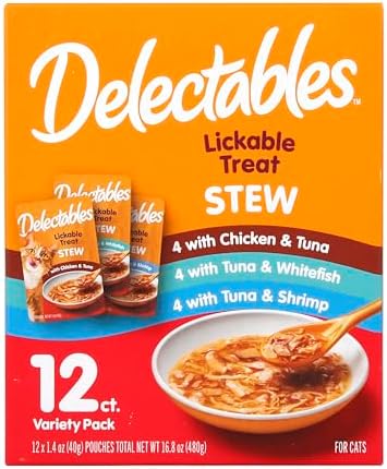 Delectables Lickable Treat Stew Wet Cat Treat Variety Pack, Food Topper, Hydrating, Grain-Free, No Fillers, No By-Products, No Added Preservatives, 1.4oz Pouch, 12ct