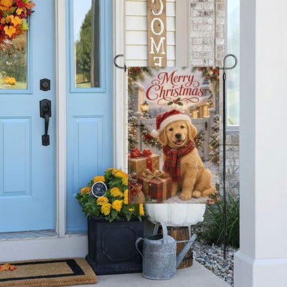 Merry Christmas Garden Flag 12x18 Inch Golden Retriever Santa Hat Plaid Scarf Gift Boxes Snowy Farmhouse Outdoor Yard Lawn Front Porch Welcome Double Sided Banner Decor