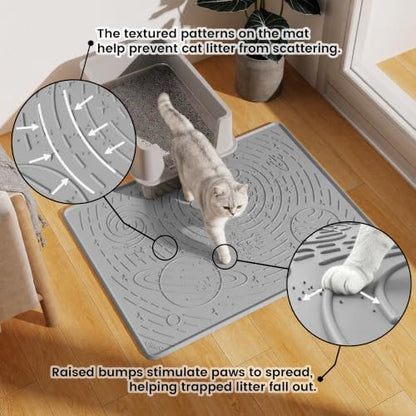 OHMO Cat Litter Mat Large Litter Box Mat, 31.5x23.6 Light Grey, Premium BPA-Free Silicone Rubber Kitty Litter Mat for Litter Box, High Edge Scatter Control Non-Slip Waterproof Litter Trapping Mat