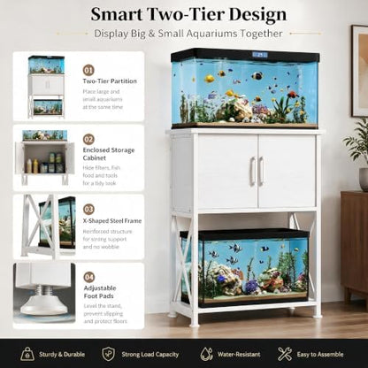 Herture 5-10 Gallon Fish Tank Stand, Metal Double Aquarium Stand with Cabinet for Fish Tank Accessories Storage, Heavy Duty 20.5" L* 11.02" W Tabletop, 500LBS Capacity White PG06YGW