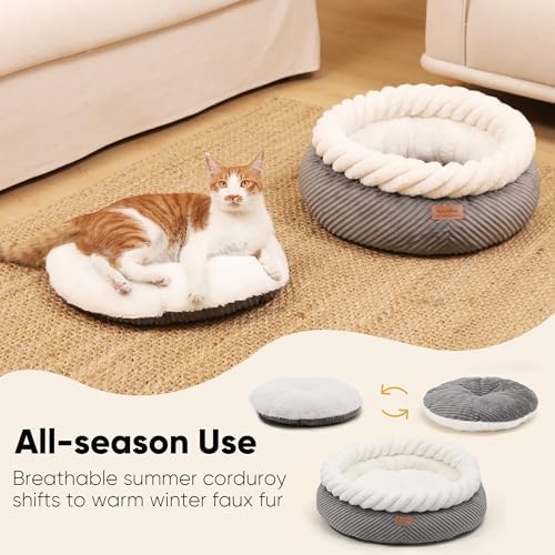 FUKUMARU Cute Round Cat Bed, Calming Donut Small Dog Beds, Washable