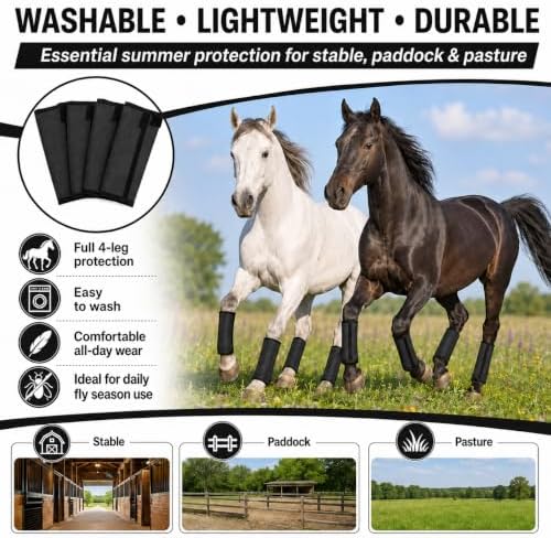 Fly Boots for Horses Set of 4 - Breathable Mesh Equine Leg Protection,Anti-Sag Stay-On Horse Fly Boots,Reduces Stomping & Fatigue,UV-Block, Adjustable Fit for Medium to Large Horses