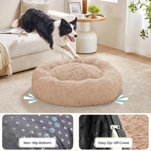 JOLLYVOGUE Calming Washable Dog Bed Medium Size Dog, 31 Inch Donut Medium Dog Bed with Removable Cover, Anti-Slip Round Fluffy Faux Fur Bed, Fits up to 45 lbs Pets, Camel