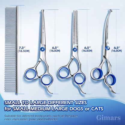 Gimars Professional 5 in 1 Grooming Scissors for Dogs 4CR with Safety Round Tip, Heavy Duty Titanium Coated Straight & Thinning & Curved Shears