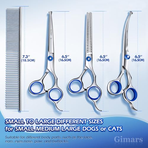 Gimars Professional 5 in 1 Grooming Scissors for Dogs 4CR with Safety Round Tip, Heavy Duty Titanium Coated Straight & Thinning & Curved Shears