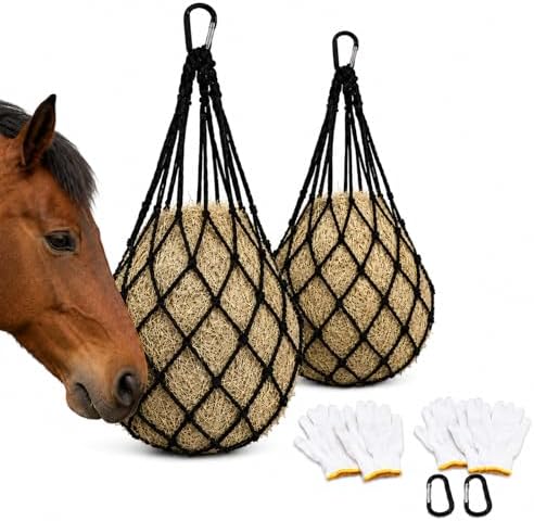 Hay Nets for Horses Slow Feed:Hay Feeder Nets for Horses-40 Inch Length Hay Net with 2 Pairs Gloves-Durable Hay Bags for Horses Goats Sheep Donkey