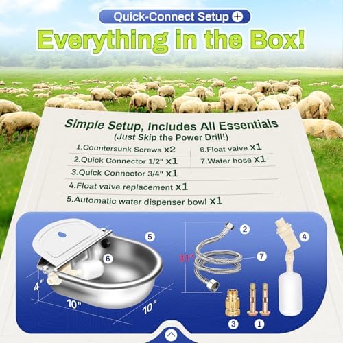 Ademon Automatic Animal Drinking Water Bowl with Float Valve, Standard Pipe,3L Stainless Steel Waterer Feeder Farm Dog Dispenser Kit Self Filling for Livestock Horse Goat Water Trough