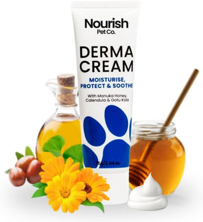 Nourish Pet Co. Derma Cream - Dog Skin Irritation Treatment, Hot Spot and Itch Relief for Dogs, Fast-Acting Moisturizing Formula, Soothes Dry Skin, Fragrance Free, 75g