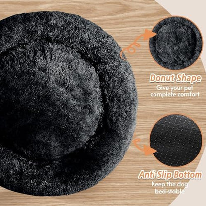 JOLLYVOGUE Calming Dog Bed Medium Size Dog, 31in Donut Washable Medium Pet Bed, Anti-Slip & Anti-Anxiety Fluffy Faux Fur Round Dogs Bed, Fits up to 45 lbs Pets (Black)