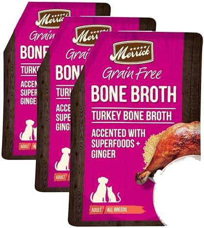 Merrick Grain Free Bone Broth, Premium Human Grade and Gluten Free Dog and Cat Food Topper Pouches, Turkey - 16 oz. Pouch (Pack of 3)