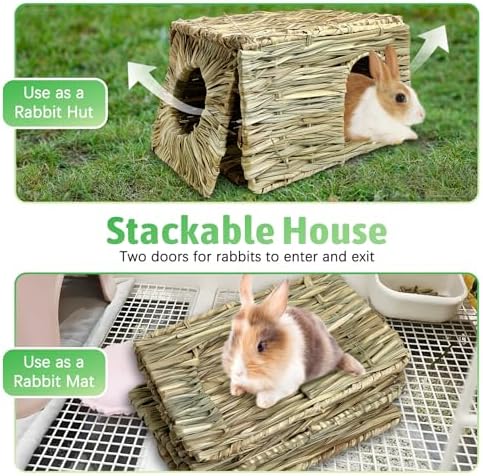 Tfwadmx Rabbit Grass House - Natural Hand Woven Seagrass Play Hay Bed, Hideaway Hut Toy for Bunny Hamster Guinea Pig Chinchilla Ferret