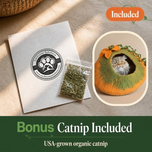 Cat Cave Bed, Orange Green Handmade Felted Merino Wool, Large Covered and Cozy, Also Perfect for Kittens, Includes Bonus Catnip, Original Cat Caves, (Radiant Realm)