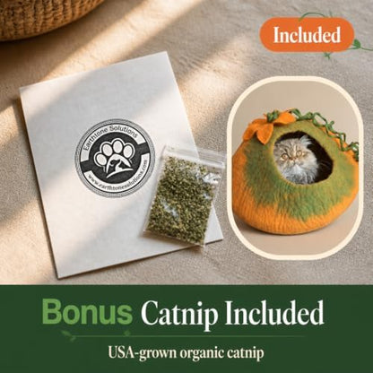Cat Cave Bed, Orange Green Handmade Felted Merino Wool, Large Covered and Cozy, Also Perfect for Kittens, Includes Bonus Catnip, Original Cat Caves, (Radiant Realm)