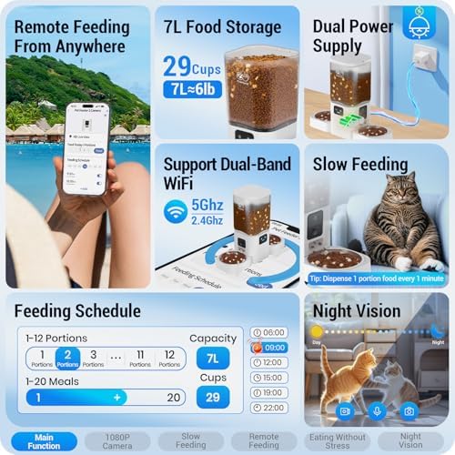 Frienhund Automatic Cat Feeder with Two 1080P Camera for 2 Cats: 7L Automatic Dog Feeder with Night Vision & Slow Feed, 5G WiFi Auto Cat Food Dispenser for Multiple Pet,Detachable for Clean(ACF180W-C)