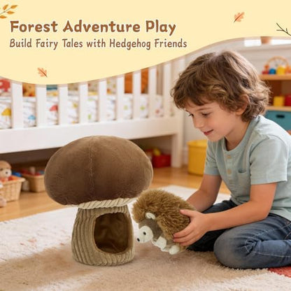 MaoGoLan 2pcs Hedgehog Stuffed Animal - 12" Mushroom Plush House with Stuffed Hedgehog, Soft Cute Hedgehog Plushie Toy for Kids Girls Boys Gift