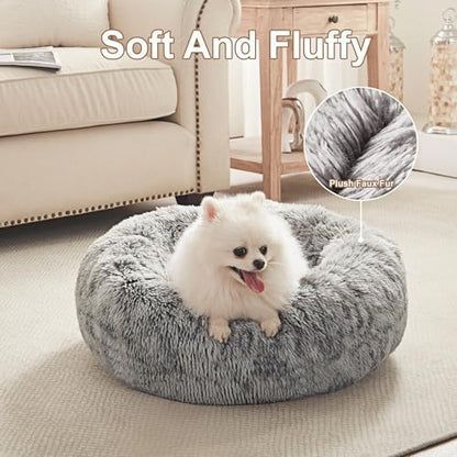 23 inches Faux Fur Fluffy Donut Dog Bed for Small Dogs,Dark Grey