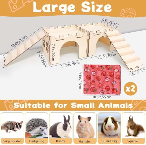 2PCS Guinea Pig Hideout,Large Wooden Guinea Pigs House with Stairs and Mats,Detachable Guinea Pig Castle Hide for Small Animals Hamster Chinchilla Ferret Habitats Accessories