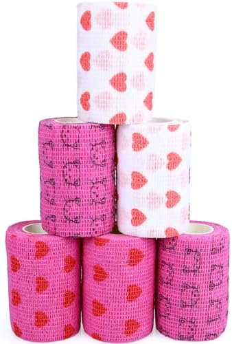 Self Adhesive Bandage Wrap Animal Cohesive Bandage Self Adherent Wrap First Aid Tape for Dogs Cats Horses Birds & Wrist Healing Ankle Sprain (3 Inch Heart 6 Rolls)