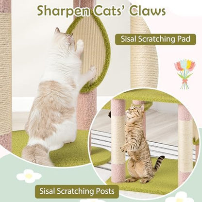 PETSITE 58-inch Flower Cat Tree, Multi-Level Cat Tower with Sisal Scratching Posts and Board, Cat Condo, Side Basket, and Dangling Balls, Cute Pink Cat Tree Tower for Indoor Cats