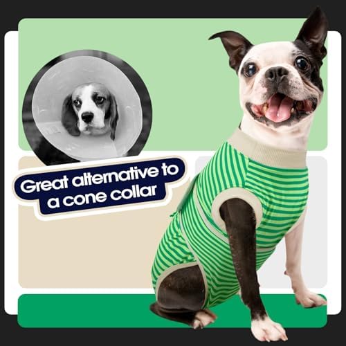 FUAMEY Dog Recovery Suit Male,Dogs Surgery Neuter Suits Puppy Spay Shirts for Female Protect Dog's Skin Anti Licking Abdominal Wounds Doggie Onesie Pet Bodysuit Alternative to Cone Green Stripes S