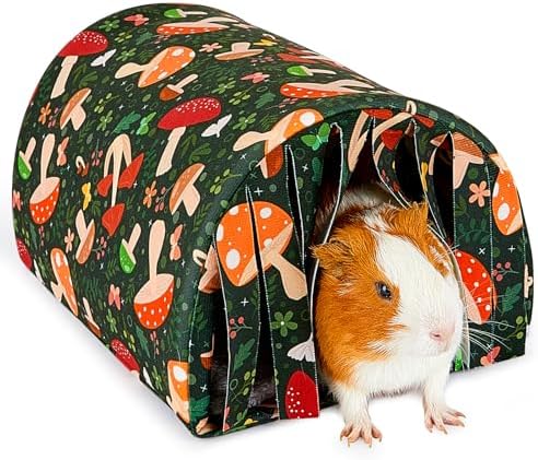 Glittme Guinea Pig Hideout with Curtain and Tunnel - Soft Bed with Cushion - Suitable for Guinea Pig, Hamster, Chinchilla, Bunny - Mushroom