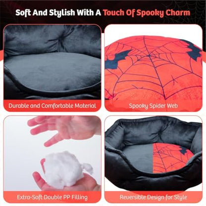 Gothic Cat Bed, 20 Inches Reversible Red and Black Cat Bed for Indoor Cats, Super Soft Plush Pet Bed with Cozy Spider Web Pillow and Secure Non-Slip Bottom