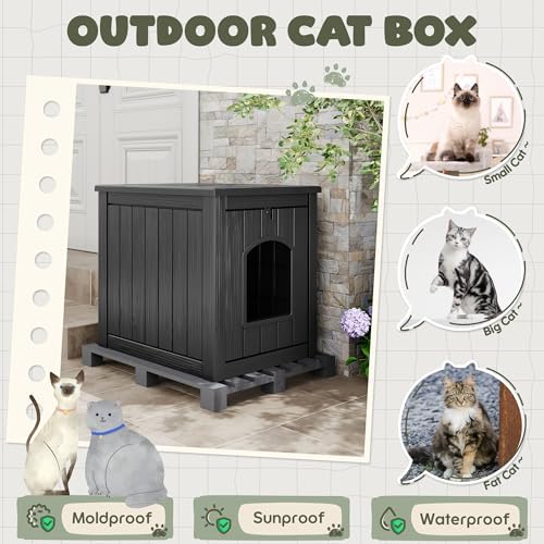 Cat Litter Box Enclosure, Plastic Hidden Litter Box Side Table with Openable Front Door, Waterproof & Weatherproof Cat Box Enclosure Cabinet for Indoor & Outdoor Use (Black)