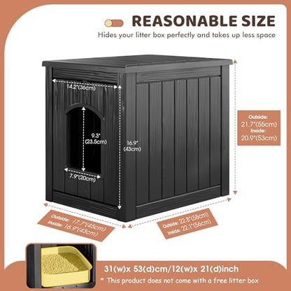 Cat Litter Box Enclosure, Resin Hidden Litter Box Furniture Side Table with Openable Front Door, Weatherproof Indoor & Outdoor Cat Litter Box Cabinet, Raised Floor, Easy to Clean & Assemble, Black
