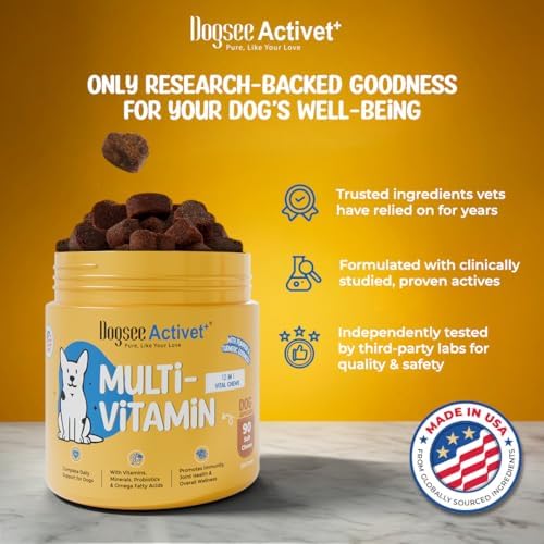 Dogsee Activet+ Dog 12 in 1 Multivitamin Supplement Chews, with Vitamins, Minerals, Probiotics, Omega 3 & Glucosamine for Overall Dog Health, Chicken Flavor – 90 Chews