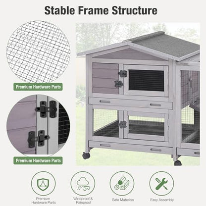 Indoor/Outdoor Rabbit Hutch with Pull-Out Tray, Weatherproof Bunny Cage & Attached Run - Also for Chickens (Grey, L)