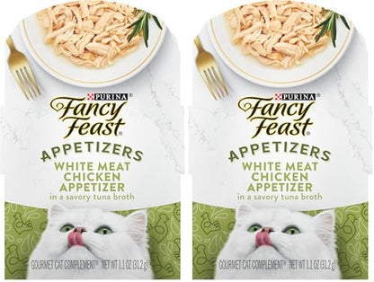 Fancy Feast Purina Appetizers Grain Free Wet Cat Food Complement White Meat Chicken Appetizer in a Savory Tuna Broth Cat Food Topper - 1.1 oz. Trays,(Pack of 20)
