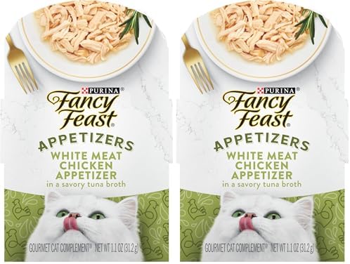 Fancy Feast Purina Appetizers Grain Free Wet Cat Food Complement White Meat Chicken Appetizer in a Savory Tuna Broth Cat Food Topper - 1.1 oz. Trays,(Pack of 20)