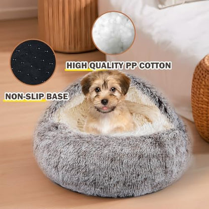 Cat Bed for Indoor Cats, Calming Cozy Cave with Self-Warming Plush, Entire Bed Machine Washable & Anti-Slip Base, Breathable Pet Bed for Small Cats&Dogs All Seasons (Khaki, 22 * 22inch)