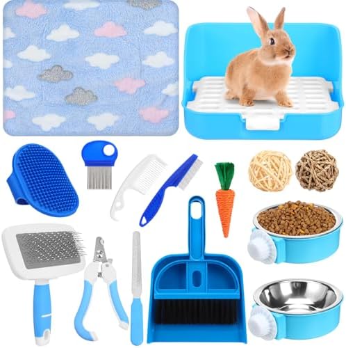 Reallnaive 15 Pcs Rabbit Starter Kit Small Rabbit Litter Box Girls Gift Animal Grooming Kit Bunny Toys Bowl Blankets with Cleaning Set for Guinea Pig Accessories(Light Blue)