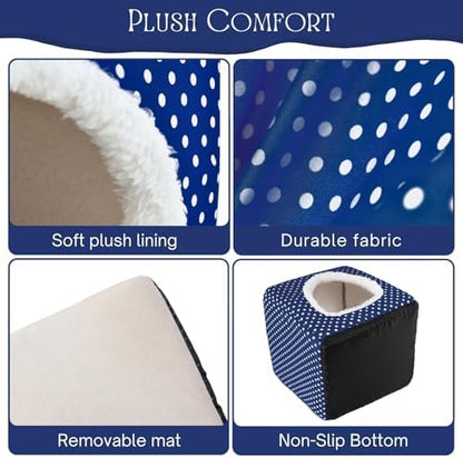 Guinea Pig Hideout, Dwarf Rabbit Bed with Play Tunnel, Washable Fleece House for Dwarf Bunnies, Chinchillas, Hedgehogs, Small Animal Cage Accessories Blue Dot