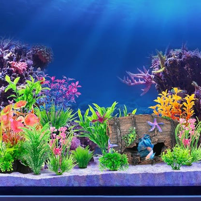 CousDUoBe Fish Broken Barrel Decor Fish Tank Decorations Betta Fish Tank Accessories,Starfish Barrel x 1pc, Aquarium Plants x 11pcs