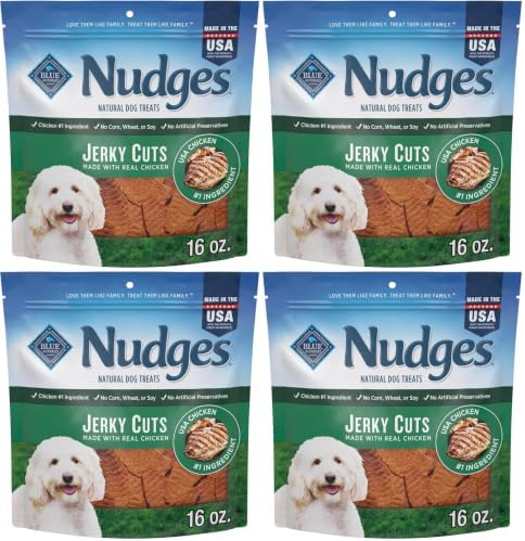 Blue Buffalo Nudges Jerky Bites Dog Treats, Made in the USA with Natural Ingredients, Bite-Sized Pieces, Chicken, 16-oz Bag, (Pack of 4)