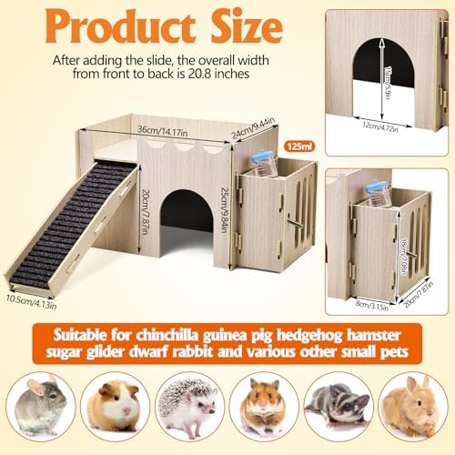 kathson Wood Guinea Pig Hideout Small Rabbit Hideout with Water and Hay Feeder Ramp, Easy to Assemble Wooden Hamster House for Small Animal Bunny Chinchilla Rat Hedgehog with 2xGuinea Pig Cage Liners