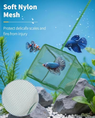 Pawfly Aquarium Fish Net with Braided Metal Handle Square Net with Soft Fine Mesh Sludge Food Residue Wastes Skimming Cleaning Net for Fish Tanks Small Koi Ponds and Pools