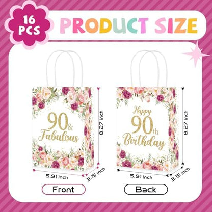 Greencian 16Pcs Flower 90th Birthday Party Favor Bags for Women