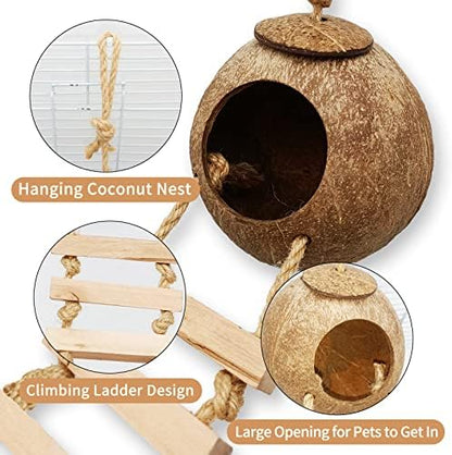 Tfwadmx 4 Pcs Coconut Hide with Ladder, Natural Coconut Fiber Hanging Birdhouse Cage, Coconut Bird Shell Breeding Nest for Parrot Parakeet Lovebird Finch Canary